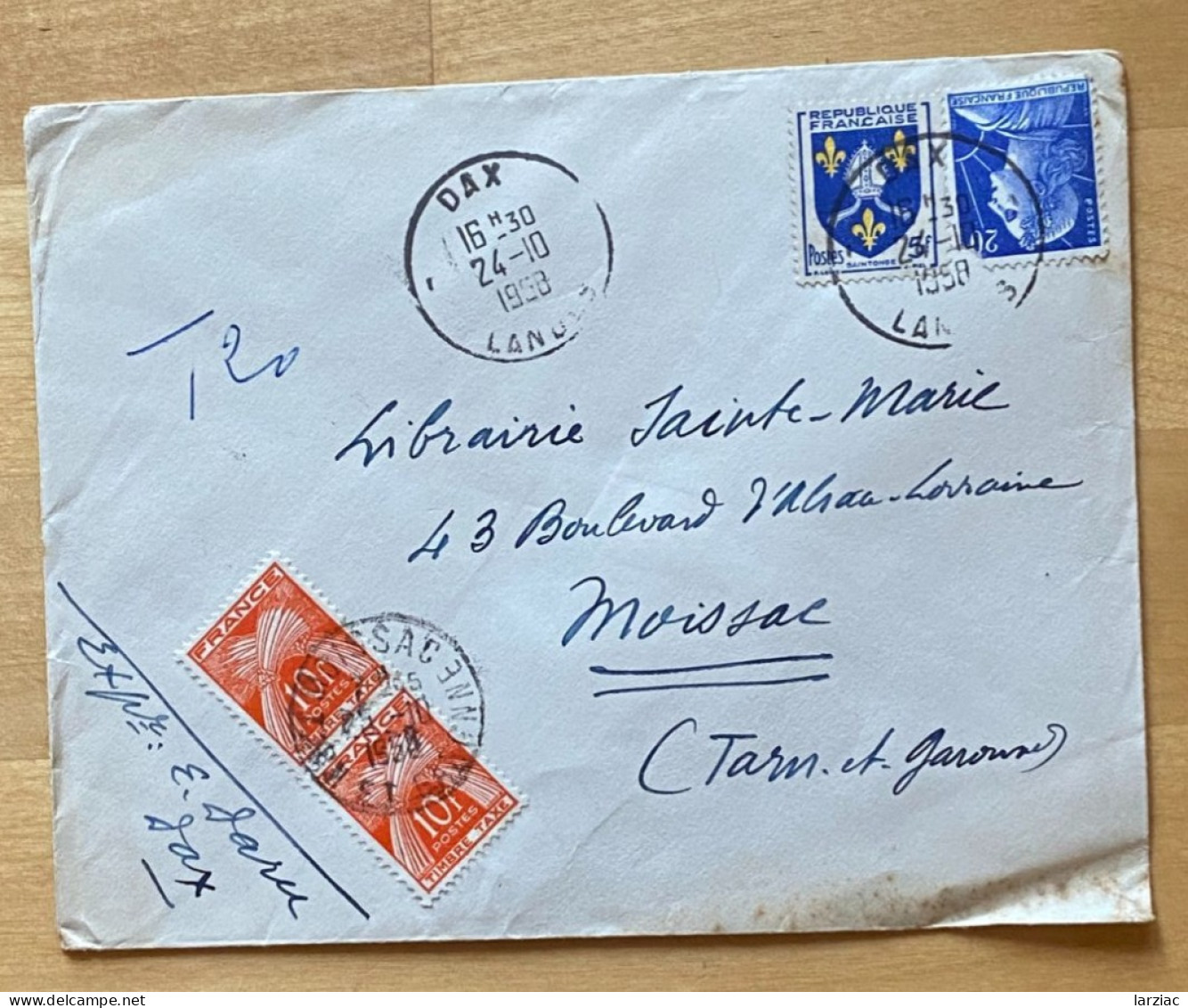 Enveloppe Affranchie Type Muller Et Blason Saintonge Oblitération Dax Landes 1958 Taxée à L'arrivée à Moissac - 1859-1959 Covers & Documents
