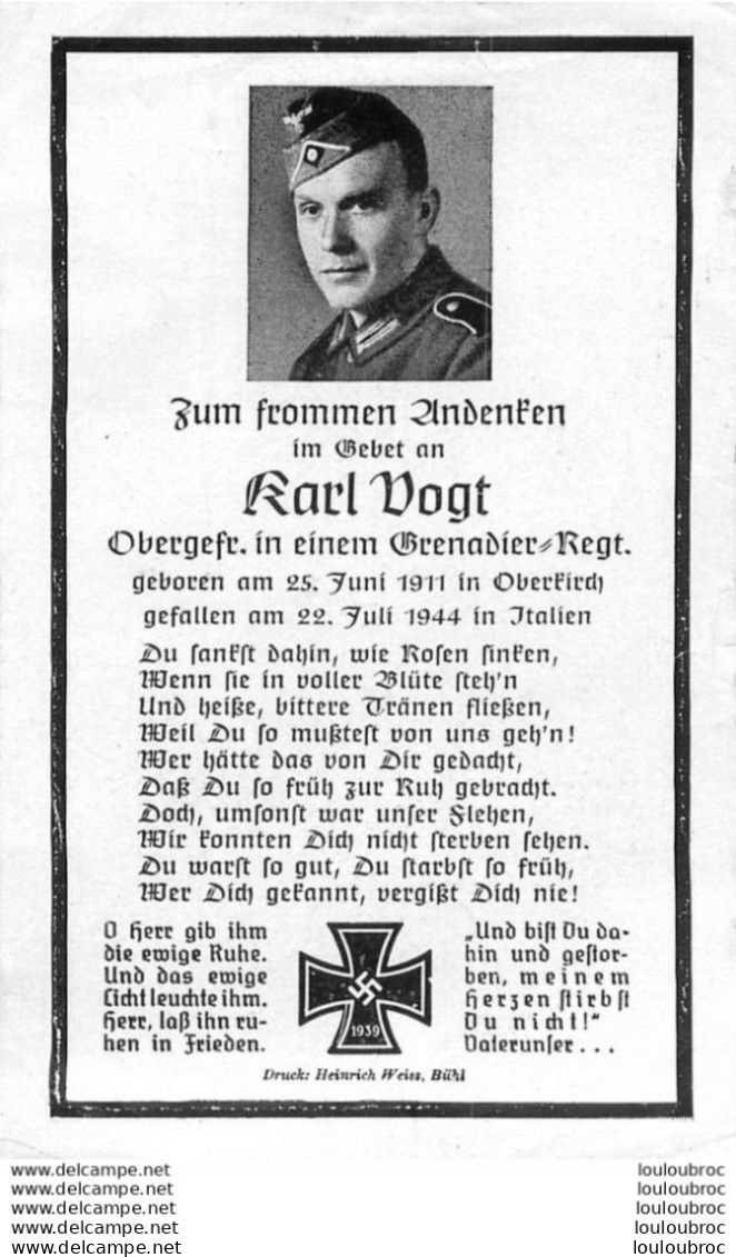 MEMENTO AVIS DE DECES SOLDAT ALLEMAND  KARL VOGT  22/07/1944 - Obituary Notices
