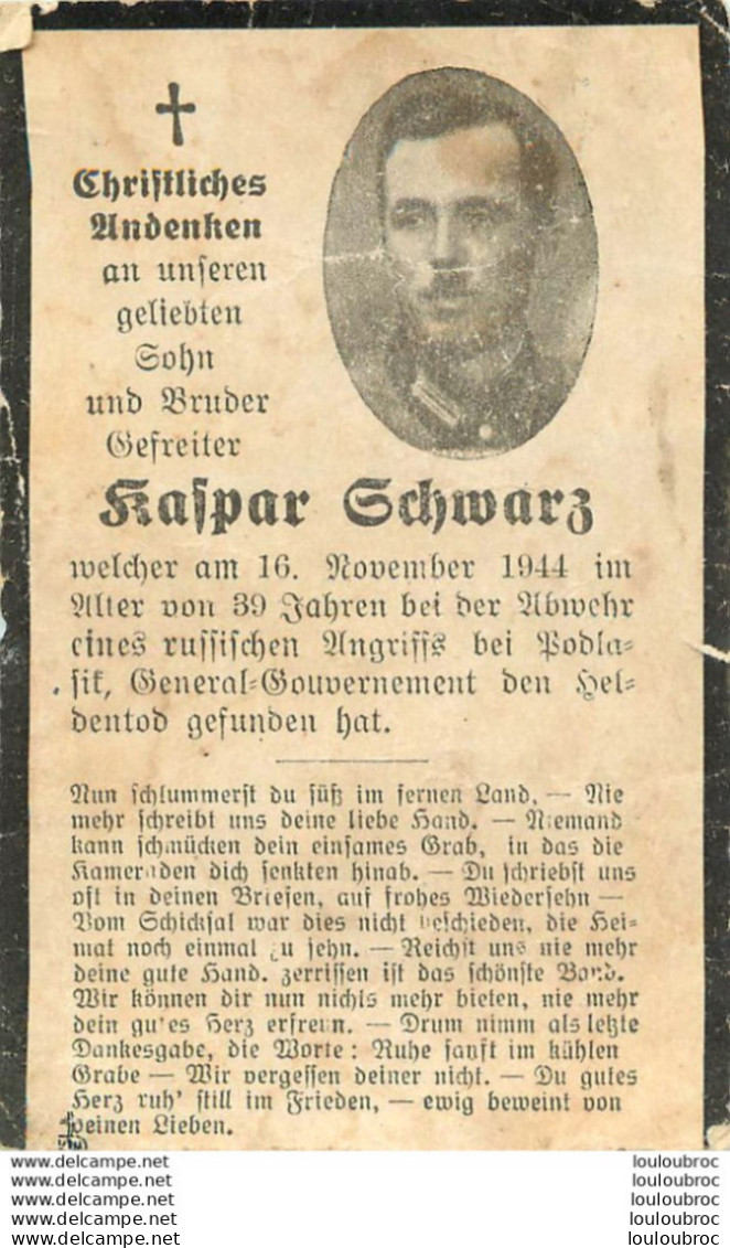MEMENTO AVIS DE DECES SOLDAT ALLEMAND  KASPAR SCHWARZ  16/11/1944 - Todesanzeige