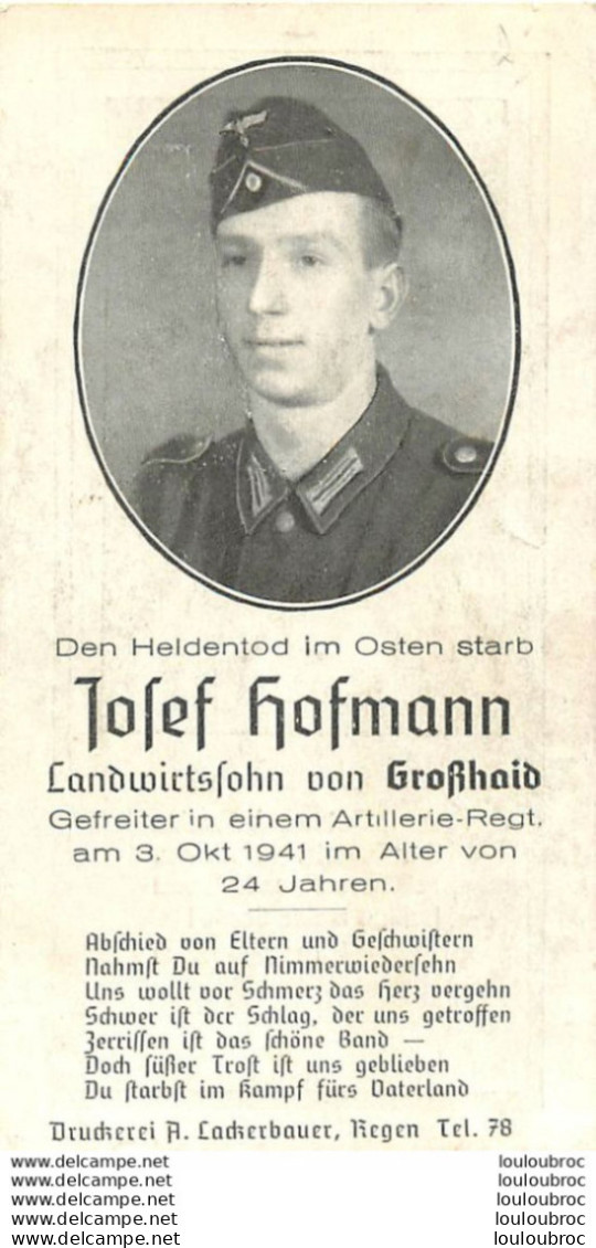 MEMENTO AVIS DE DECES SOLDAT ALLEMAND  JOSEF HOFMANN 03/10/1941 - Décès