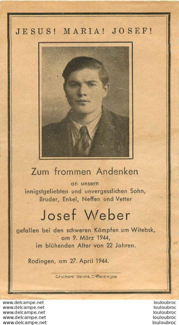 MEMENTO AVIS DE DECES SOLDAT ALLEMAND  JOSEF WEBER 09/03/1944 - Todesanzeige