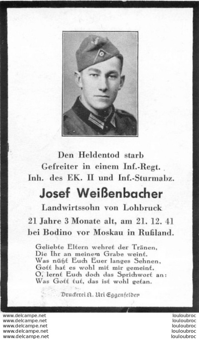 MEMENTO AVIS DE DECES SOLDAT ALLEMAND  JOSEF  WEISSENBACHER 21/12/1941 - Décès