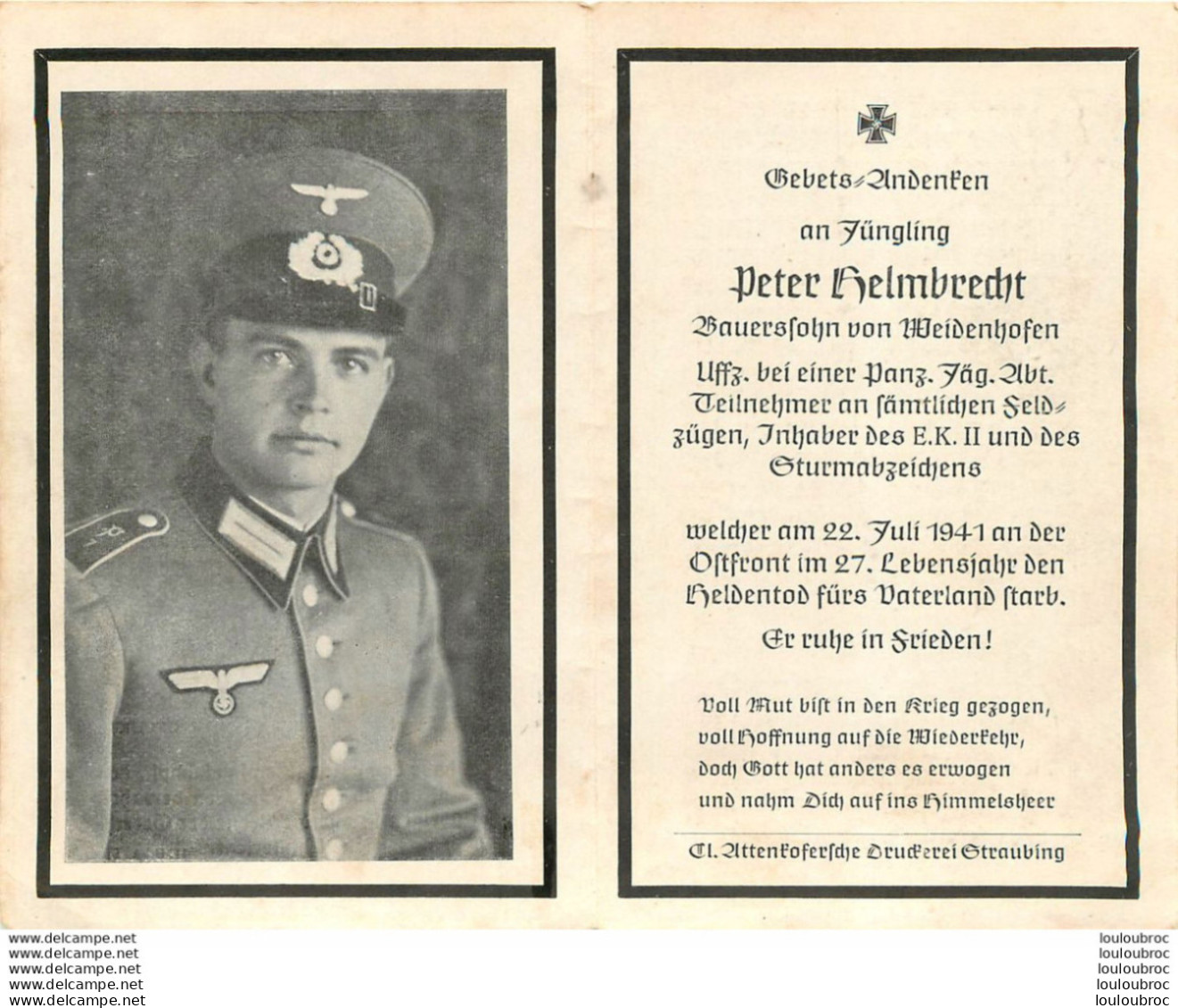 MEMENTO AVIS DE DECES SOLDAT ALLEMAND  PETER HELMBRECHT 22/07/1941 - Todesanzeige