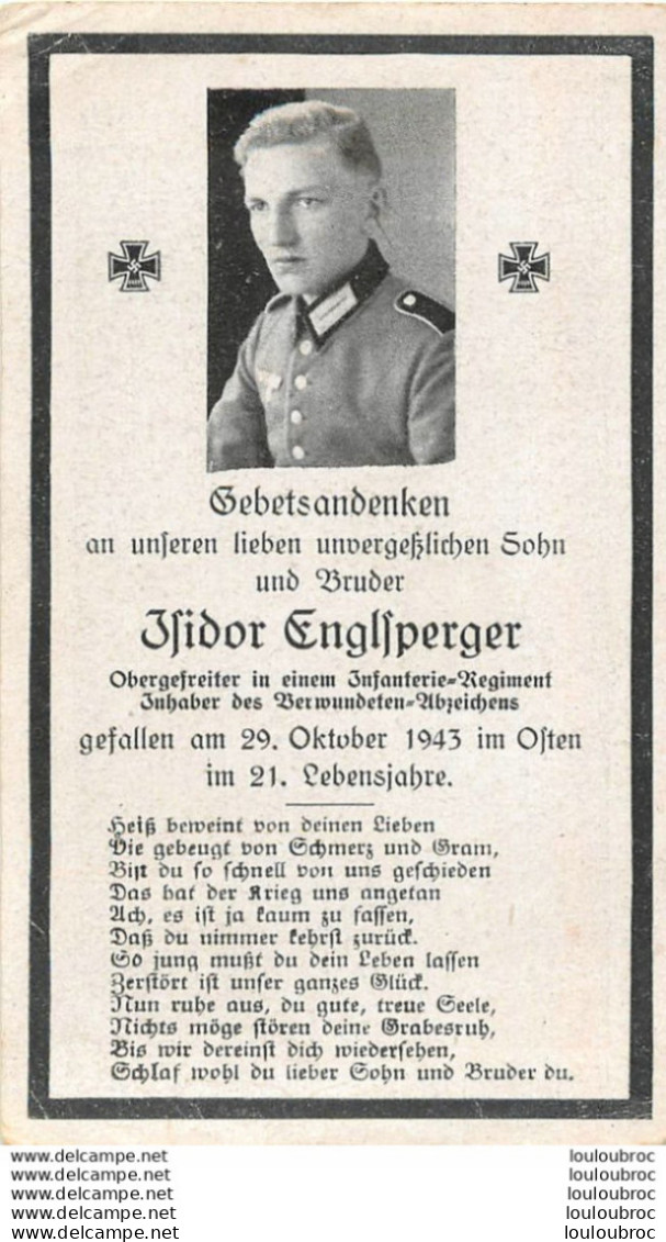 MEMENTO AVIS DE DECES SOLDAT ALLEMAND  ISIDOR ENGLSPERGER 29/10/1943 - Obituary Notices