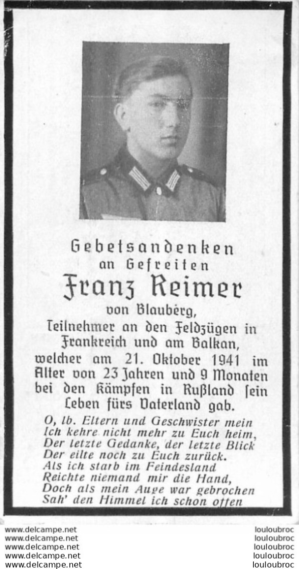 MEMENTO AVIS DE DECES SOLDAT ALLEMAND  FRANZ REIMER 21/10/1941 - Obituary Notices