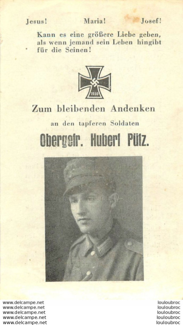 MEMENTO AVIS DE DECES SOLDAT ALLEMAND  HUBERT PUTZ 29/07/1944 - Obituary Notices
