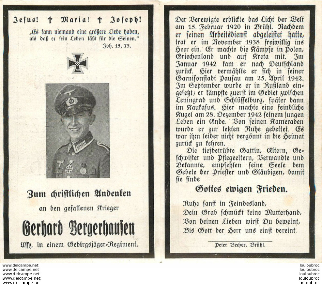 MEMENTO AVIS DE DECES SOLDAT ALLEMAND GERHARD BERGERHAUFEN 28/12/1942 - Décès