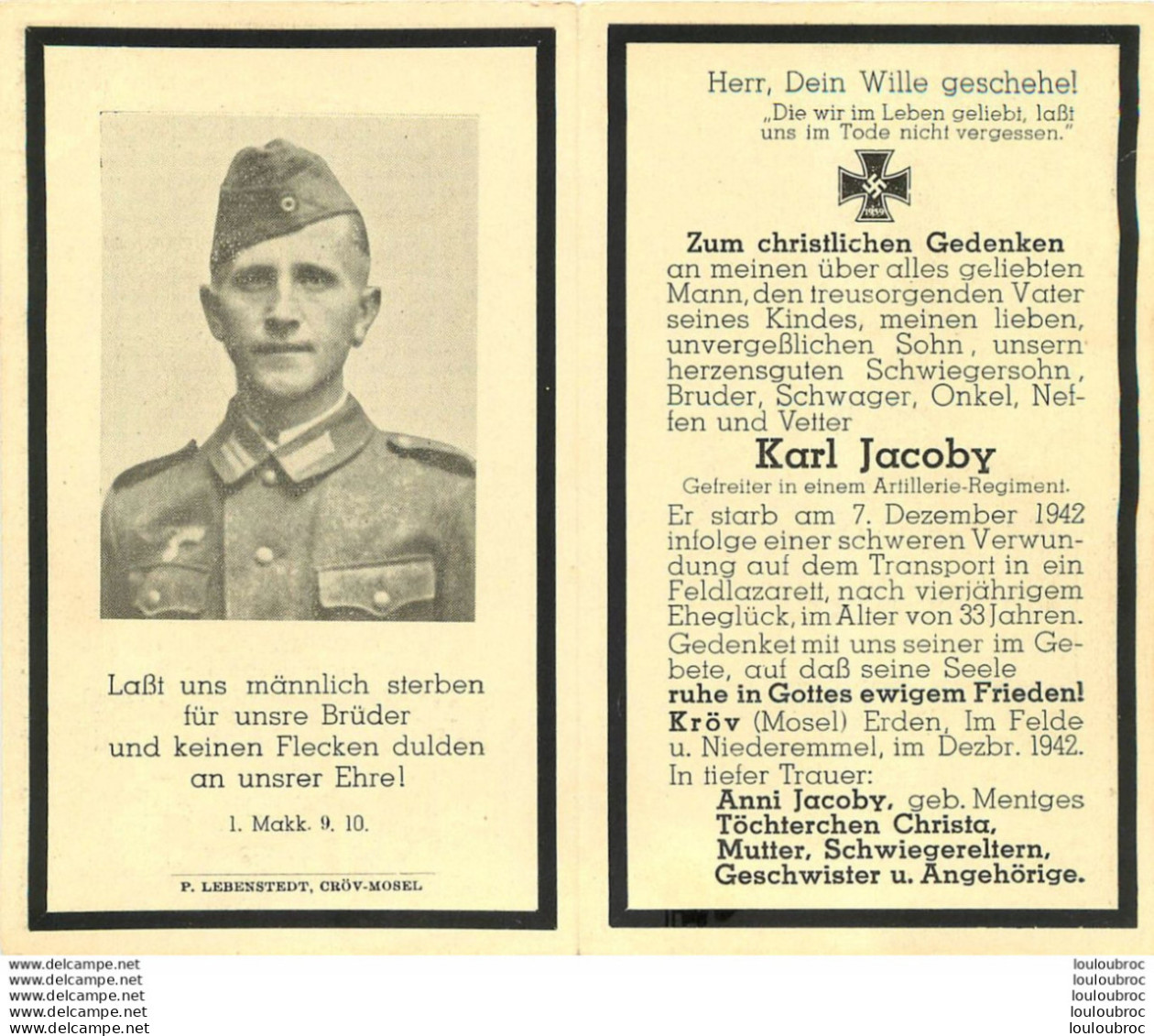 MEMENTO AVIS DE DECES SOLDAT ALLEMAND  KARL JACOBY 07/12/1942 - Obituary Notices