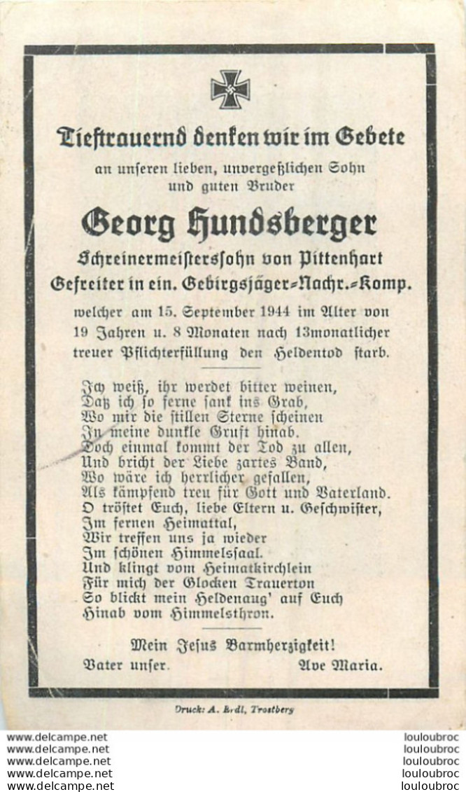 MEMENTO AVIS DE DECES SOLDAT ALLEMAND  GEORG HUNDSBERGER 15/09/1944 - Obituary Notices