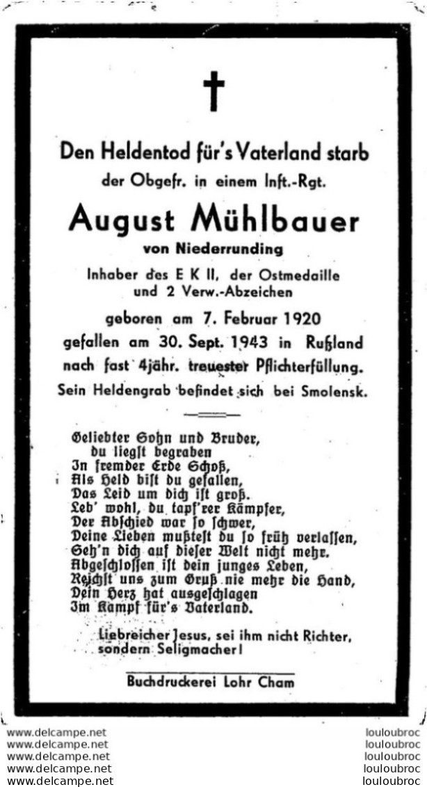 MEMENTO AVIS DE DECES SOLDAT ALLEMAND  AUGUST MUHLBAUER 30/09/1943 - Décès