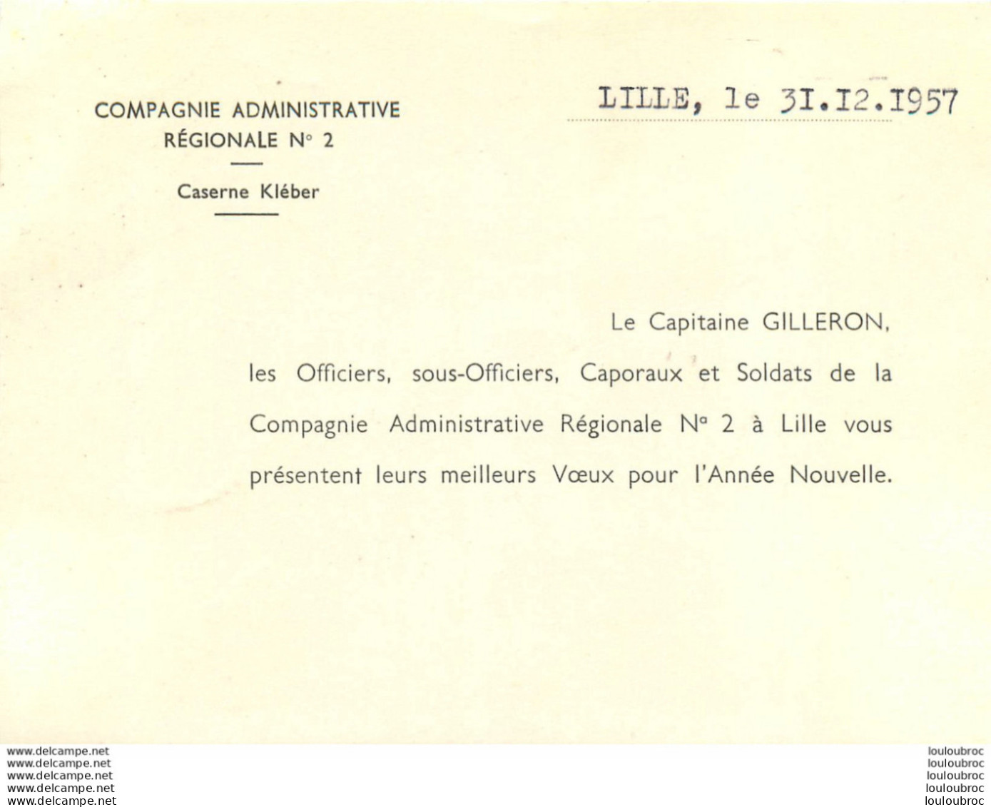 LILLE CASERNE KLEBER COMPAGNIE ADMINISTRATIVE REGIONALE N°2  VOEUX 1958 - Other & Unclassified
