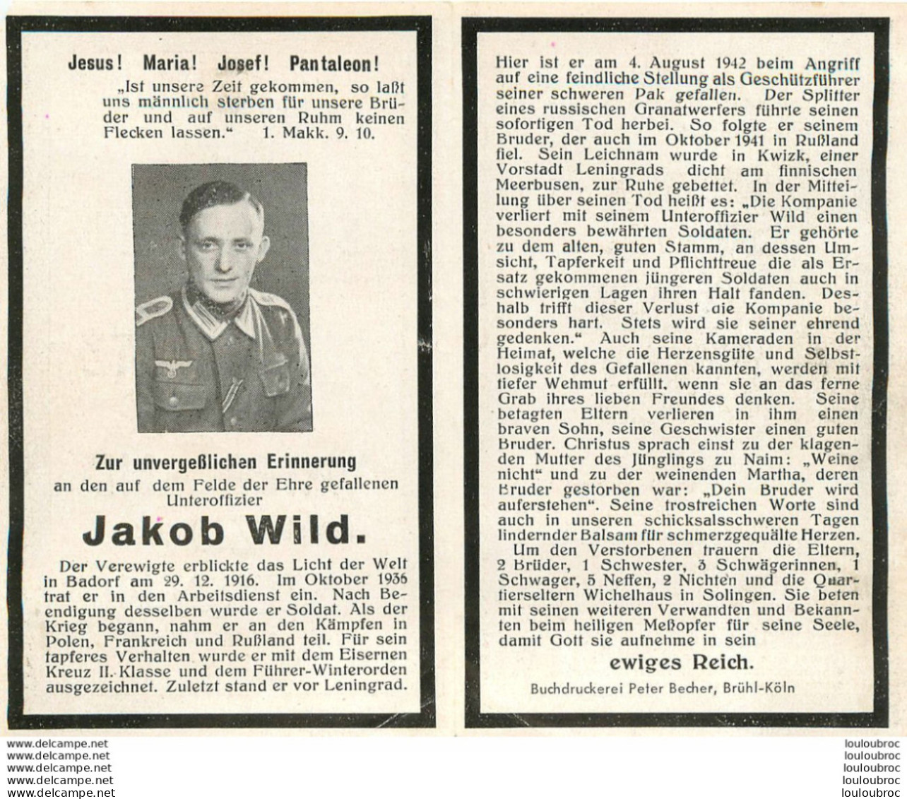 MEMENTO AVIS DE DECES SOLDAT ALLEMAND  KAKOB WILD  EWIGES REICH - Obituary Notices