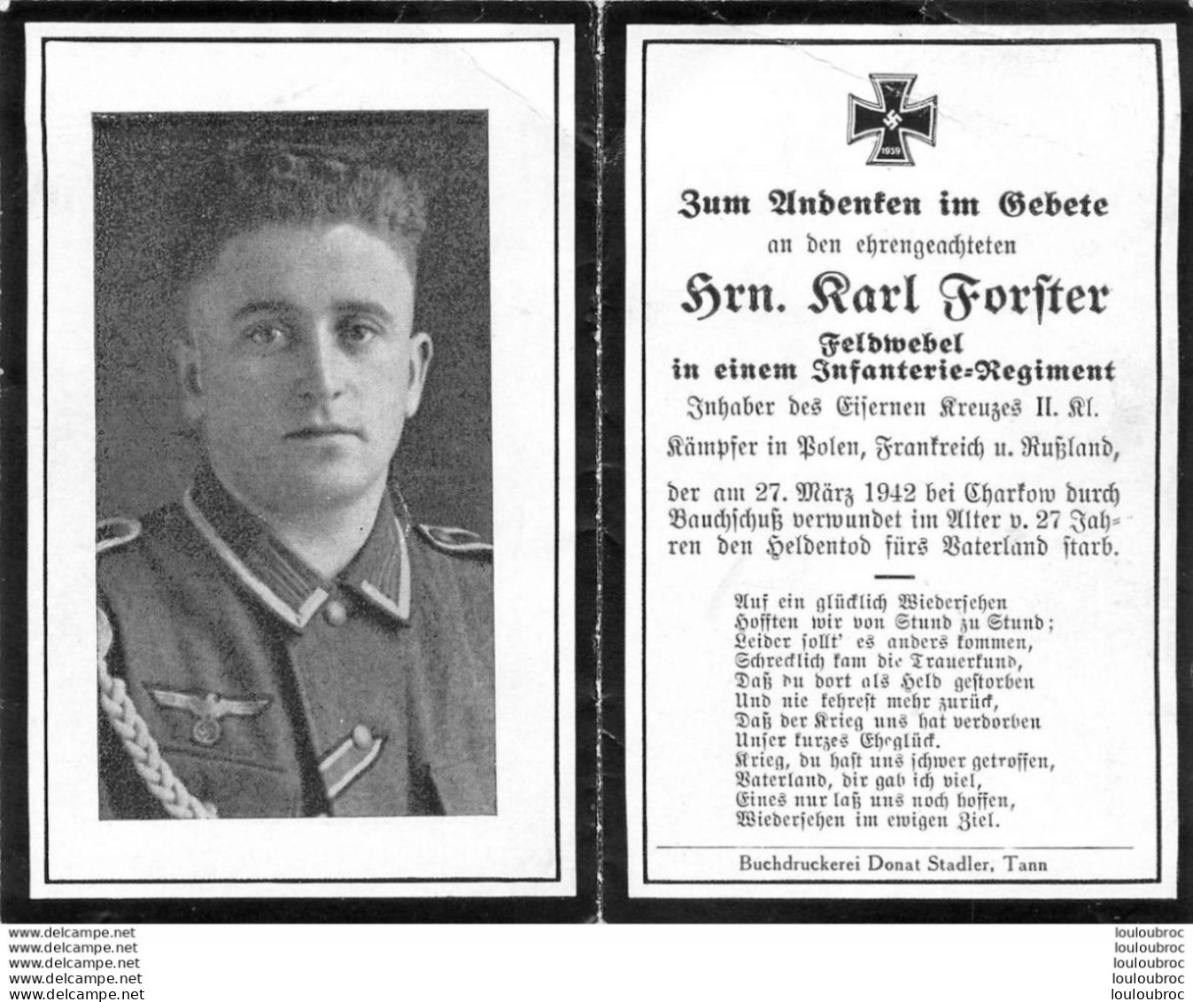 MEMENTO AVIS DE DECES SOLDAT ALLEMAND  HRN KARL FORSTER  27/03/1942 - Obituary Notices