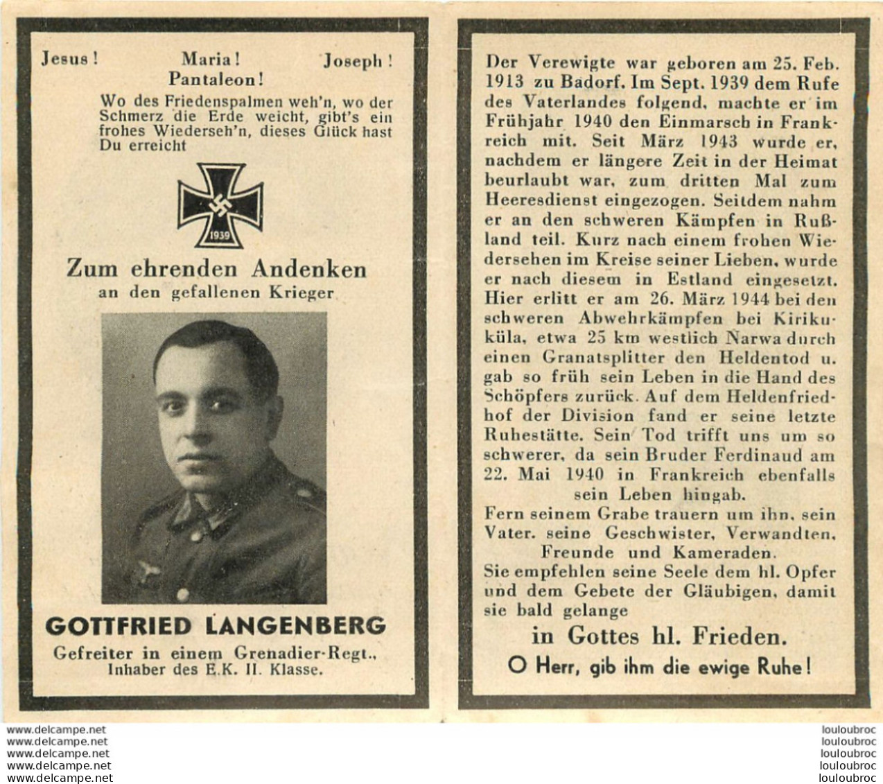 MEMENTO AVIS DE DECES SOLDAT ALLEMAND  GOTTFRIED LANGENBERG - Obituary Notices