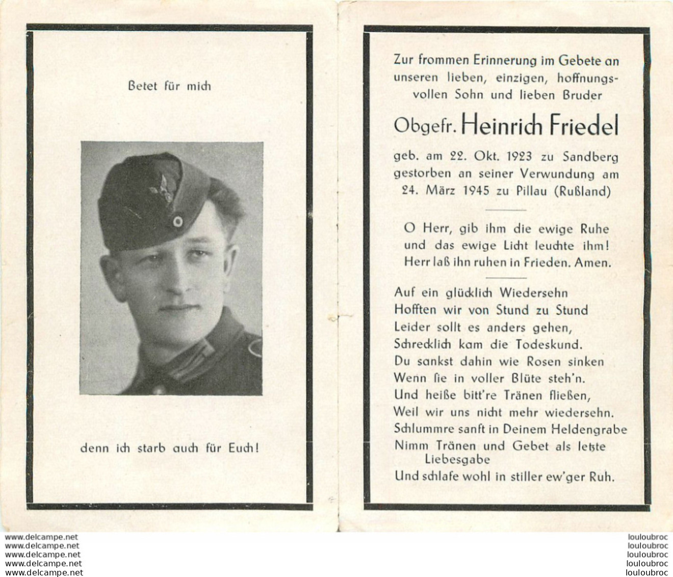 MEMENTO AVIS DE DECES SOLDAT ALLEMAND  HEINRICH FRIEDEL 24/03/1945 - Obituary Notices
