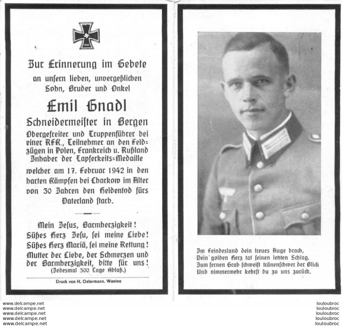 MEMENTO AVIS DE DECES SOLDAT ALLEMAND  EMIL SNADL  17/02/1942 - Décès