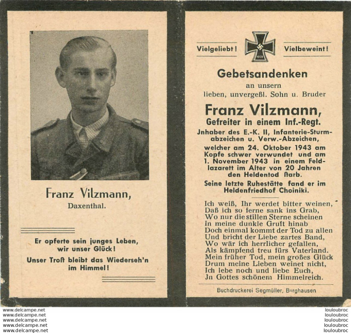 MEMENTO AVIS DE DECES SOLDAT ALLEMAND  FRANZ VILZMANN 01/11/1943 - Obituary Notices