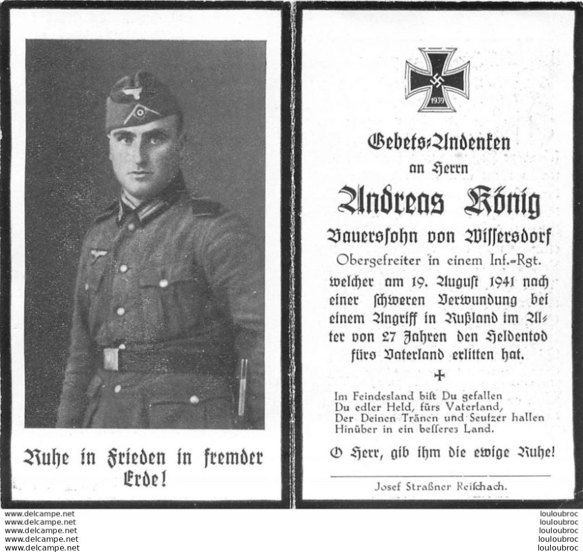 MEMENTO AVIS DE DECES SOLDAT ALLEMAND  ANDREAS KONIG 19/08/1941 - Obituary Notices