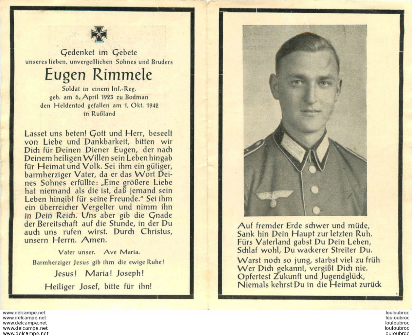 MEMENTO AVIS DE DECES SOLDAT ALLEMAND  EUGEN RIMMELE 01/10/1942 - Obituary Notices