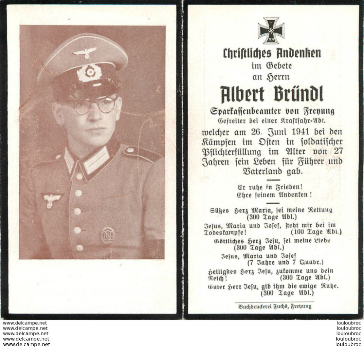 MEMENTO AVIS DE DECES SOLDAT ALLEMAND  ALBERT BRUNDL  26/06/1941 - Todesanzeige