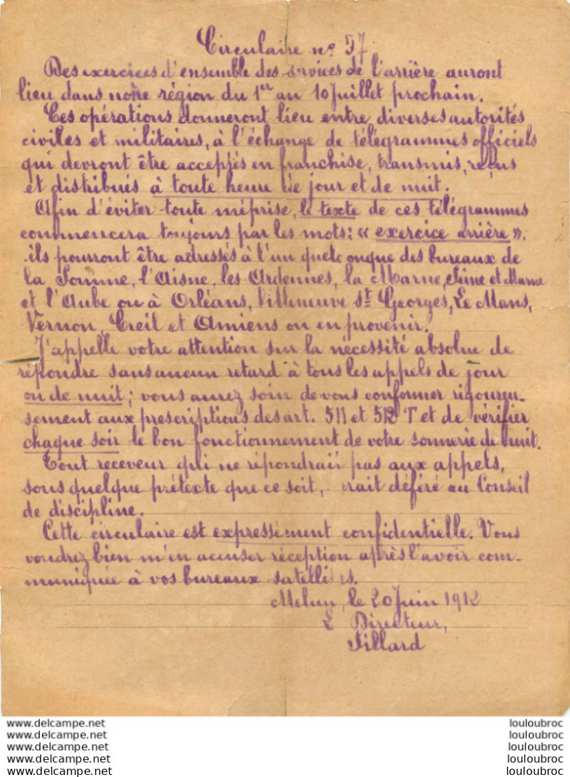 CIRCULAIRE N°57 DES POSTES ET TELEGRAPHES MELUN JUIN 1912 EXERCICES DES SERVICES DE L'ARRIERE - Historical Documents