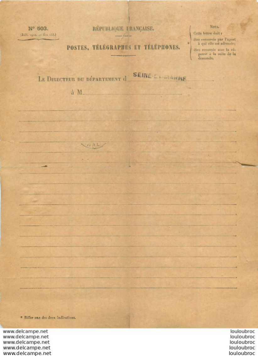 CIRCULAIRE N°57 DES POSTES ET TELEGRAPHES MELUN JUIN 1912 EXERCICES DES SERVICES DE L'ARRIERE - Historical Documents