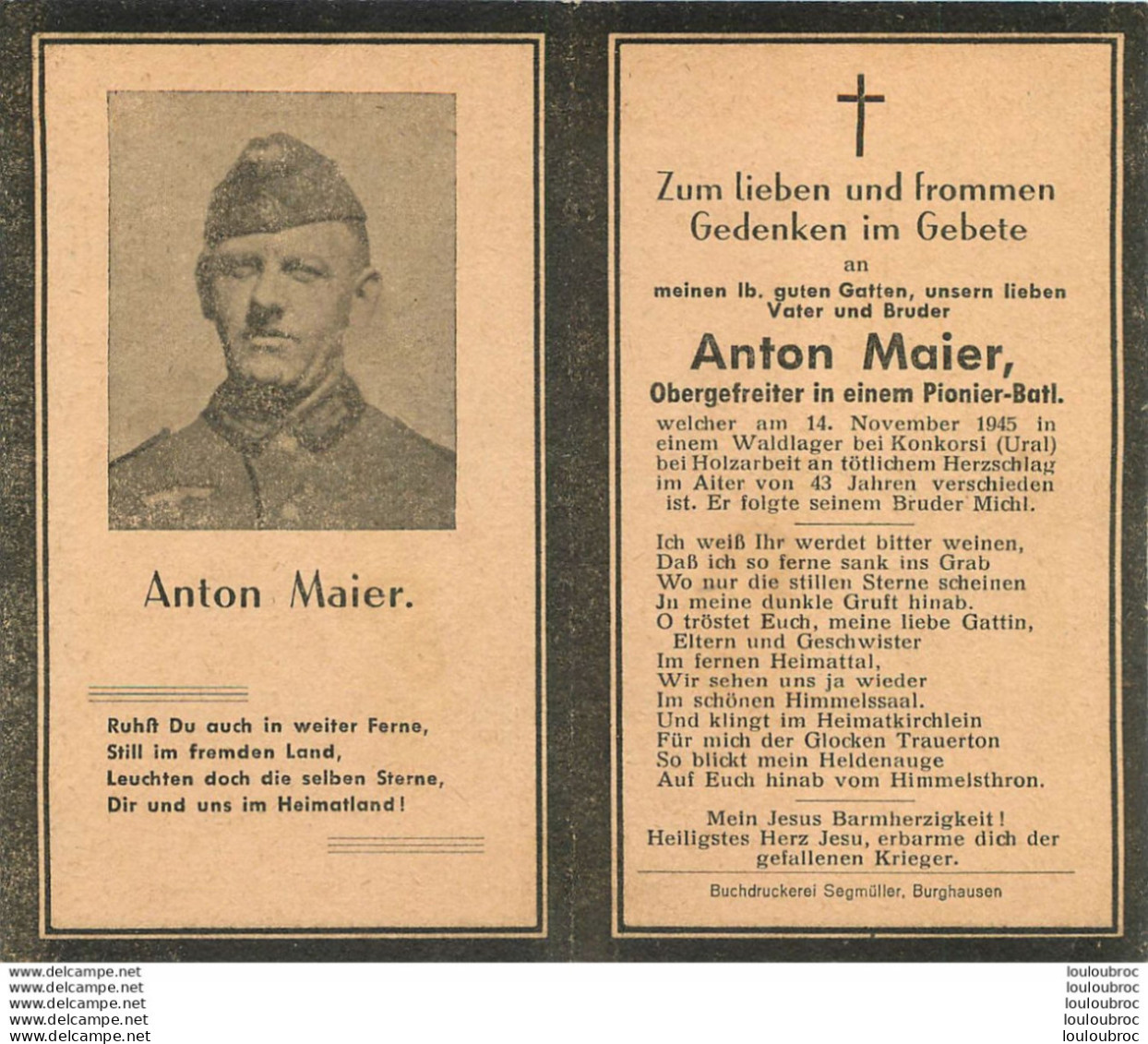 MEMENTO AVIS DE DECES SOLDAT ALLEMAND  ANTON MAIER 14/11/1945 - Obituary Notices