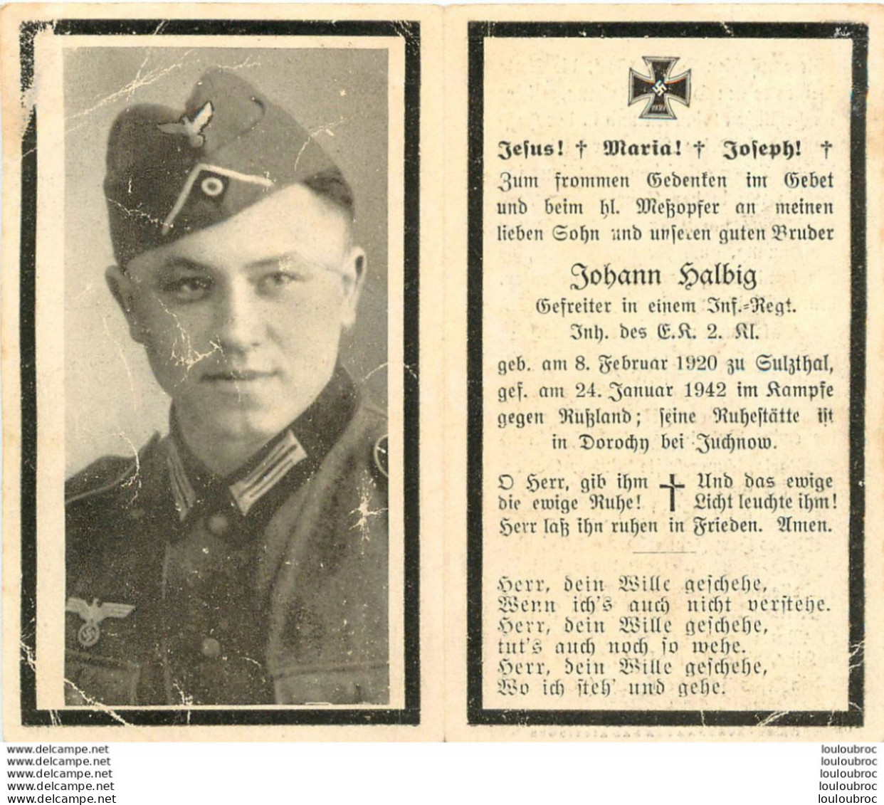 MEMENTO AVIS DE DECES SOLDAT ALLEMAND  JOHANN HALBIG  24/01/1942 - Obituary Notices