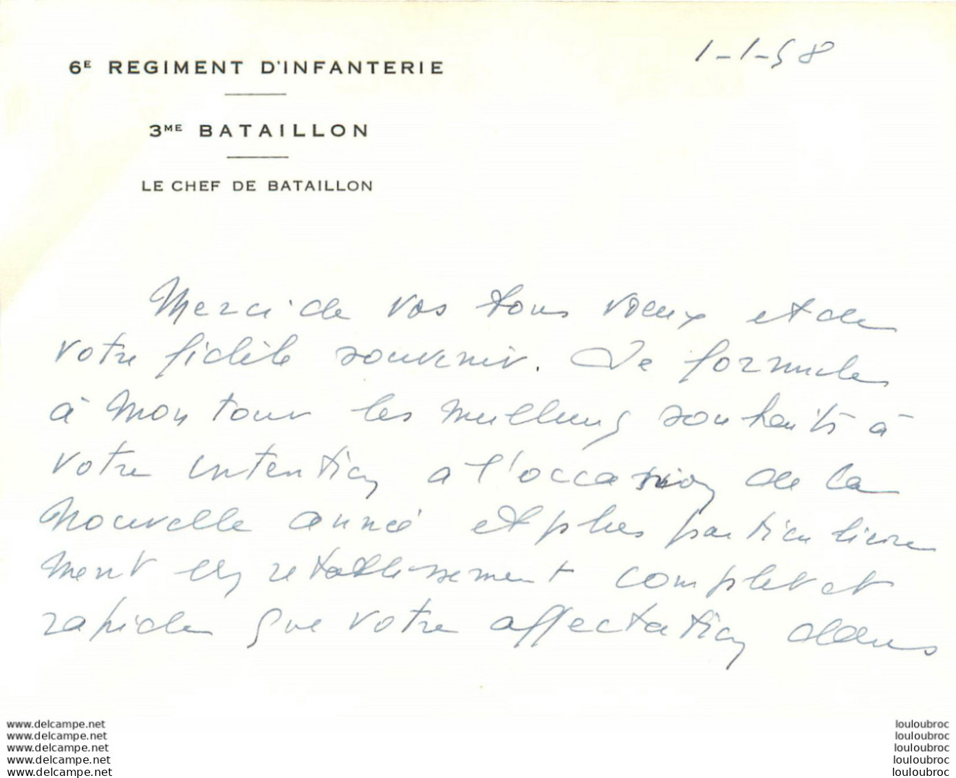 6em REGIMENT D'INFANTERIE 3em BATAILLON LE CHEF DE BATAILLON  VOEUX 1948 - Andere & Zonder Classificatie