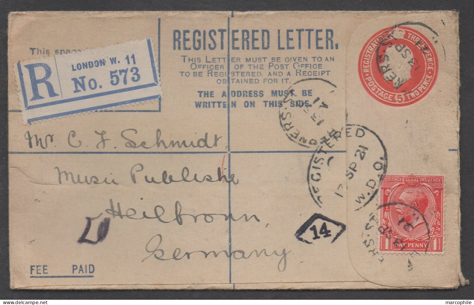 LONDRES - GB - UK / 1921 ENTIER POSTAL RECOMMMANDE POUR L' ALLEMAGNE - HEILBRONN - Material Postal