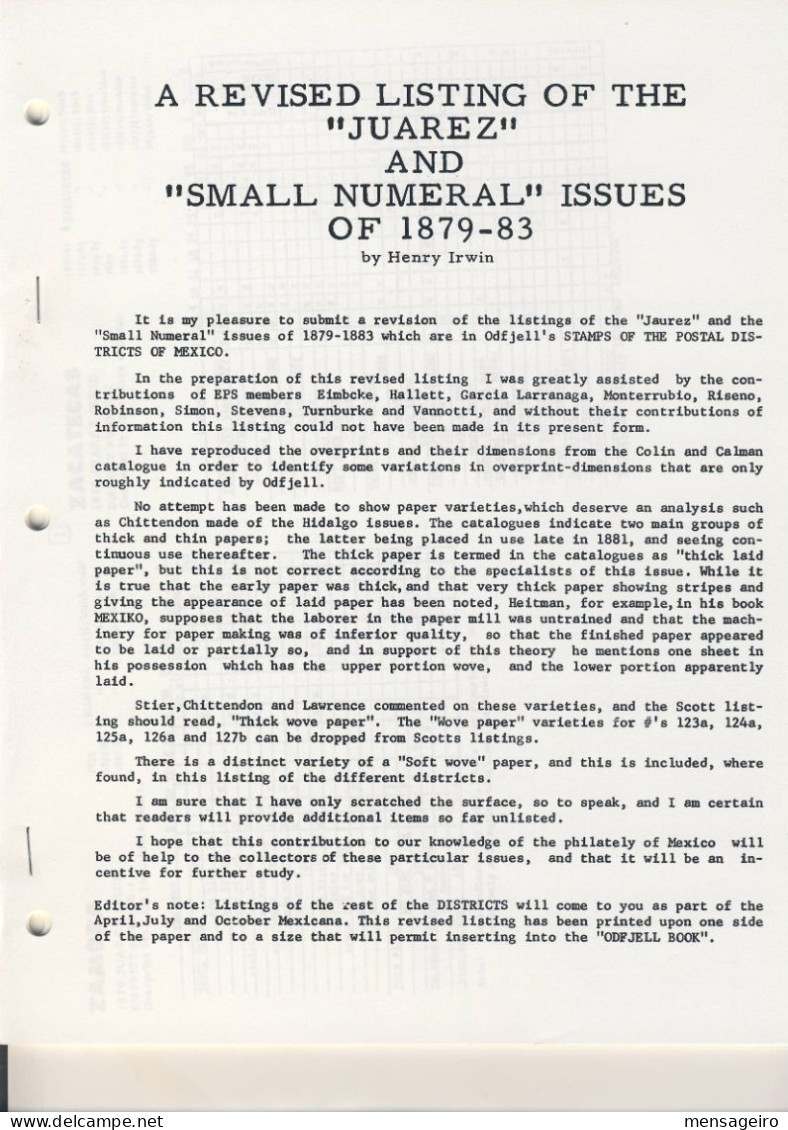 (LIV) - MEXICO A REVISED LISTING OF THE JUAREZ AND SMALL NUMERALS ISSUES OF 1879-83 - HENRY IRWIN - Philately And Postal History