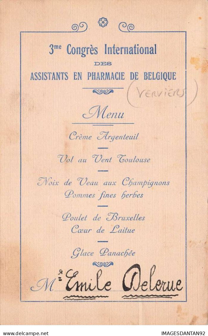 BELGIQUE AP#DC156 VERVIERS MENU CONGRES INTERNATIONAL DES ASSISTANTS EN PHARMACIE - Verviers