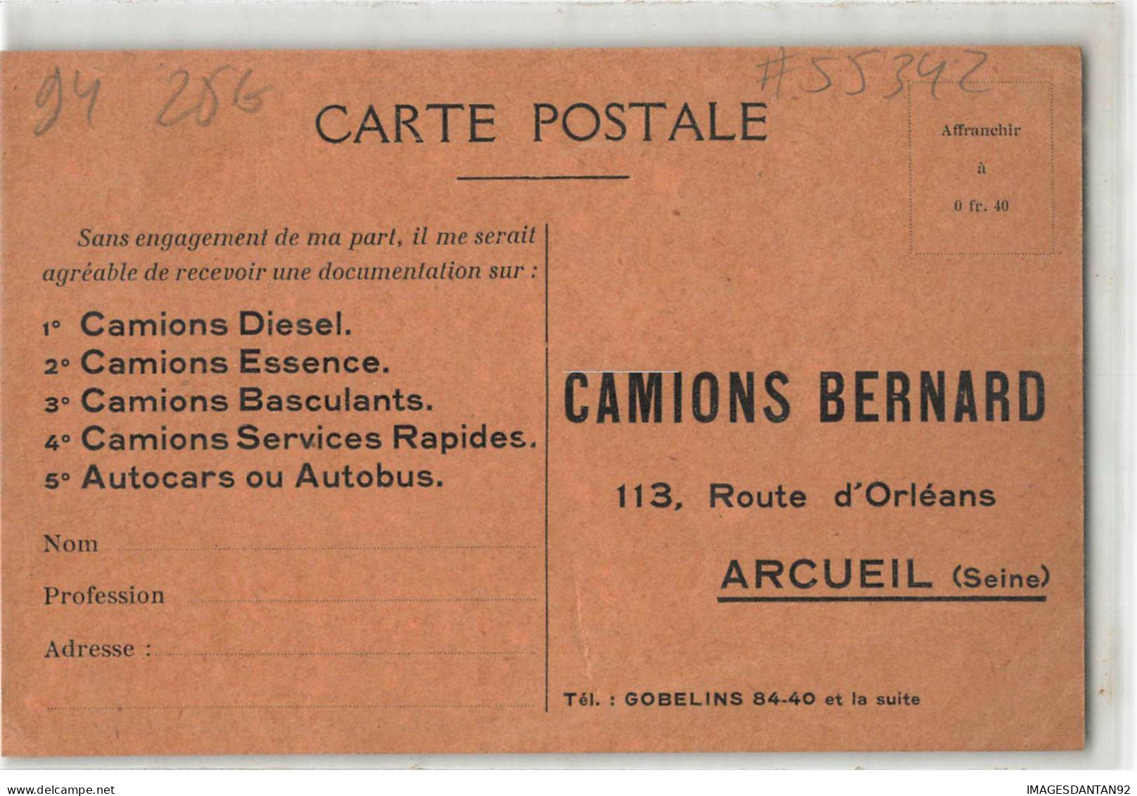 94 ARCUEIL #FG55342 CAMIONS BERNARD CONCESSIONNAIRE SALON AUTOMOBILE 1932 CARTE PUBLICITAIRE - Arcueil