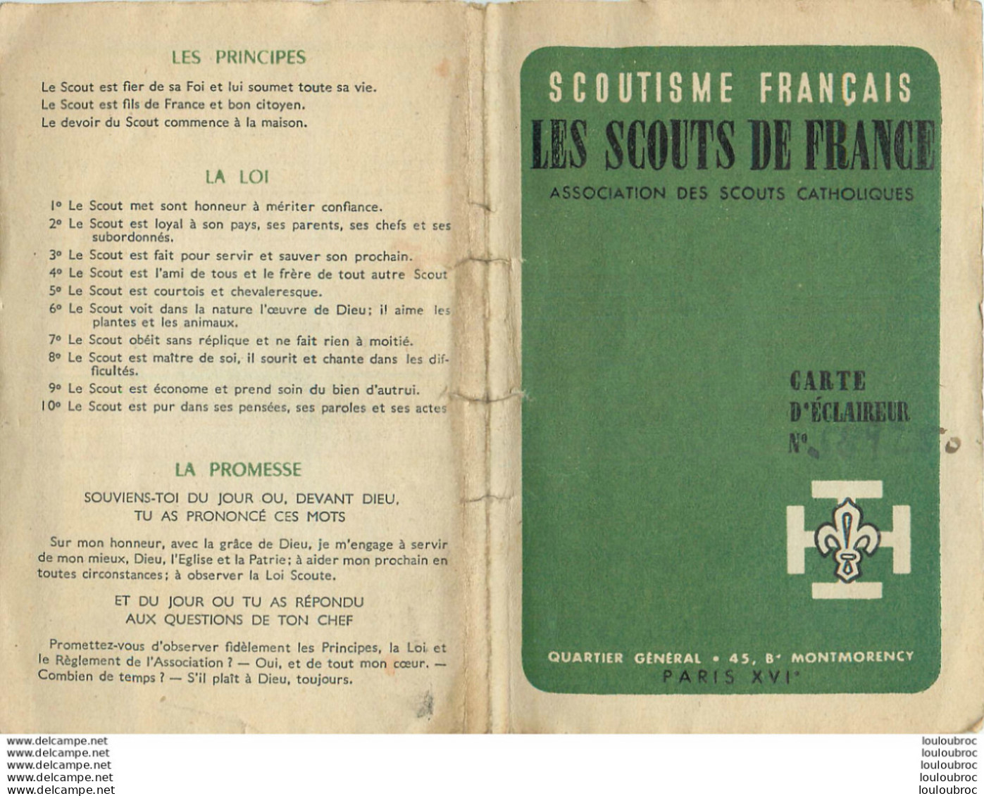 LES SCOUTS DE FRANCE CARTE D'ECLAIREUR 1950 DISTRICT MONT VALERIEN - Pfadfinder-Bewegung