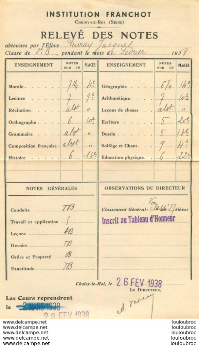 INSTITUT FRANCHOT CHOISY LE ROI 1938 RELEVE DE NOTES - Diplomas Y Calificaciones Escolares