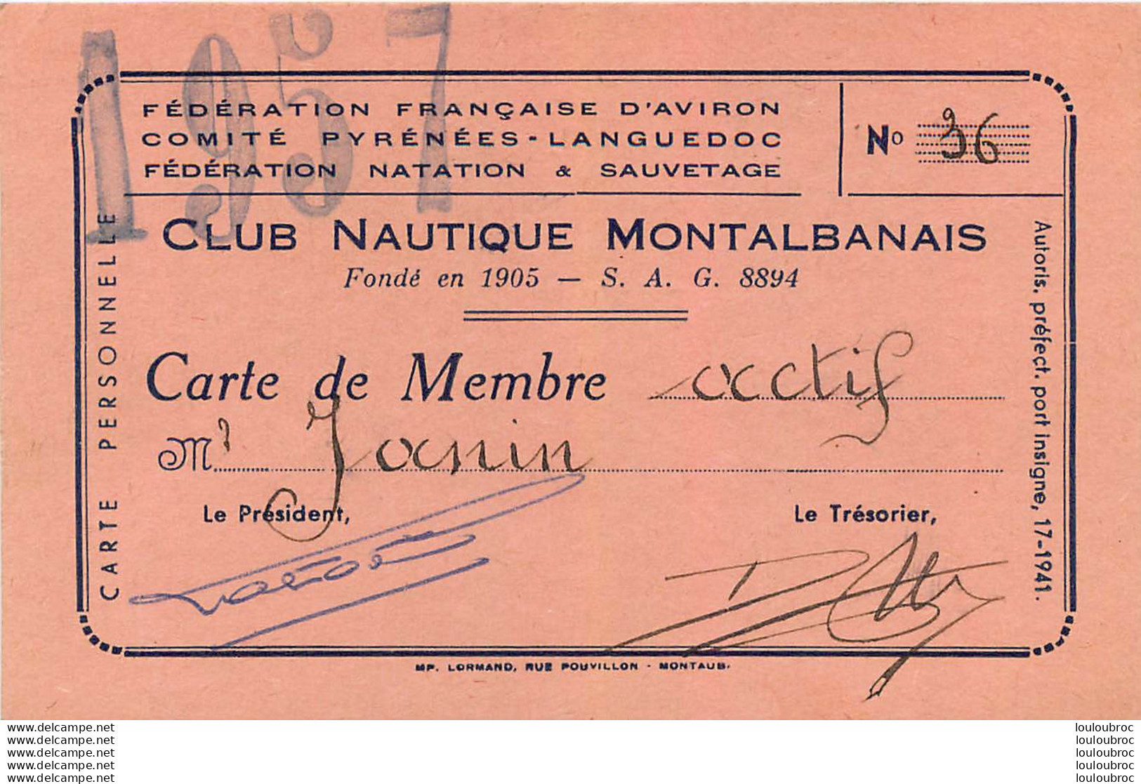 CLUB NAUTIQUE MONTALBANAIS MONTAUBAN  1957 MR JANIN  FORMAT 11.50 X 7 CM - Sonstige & Ohne Zuordnung
