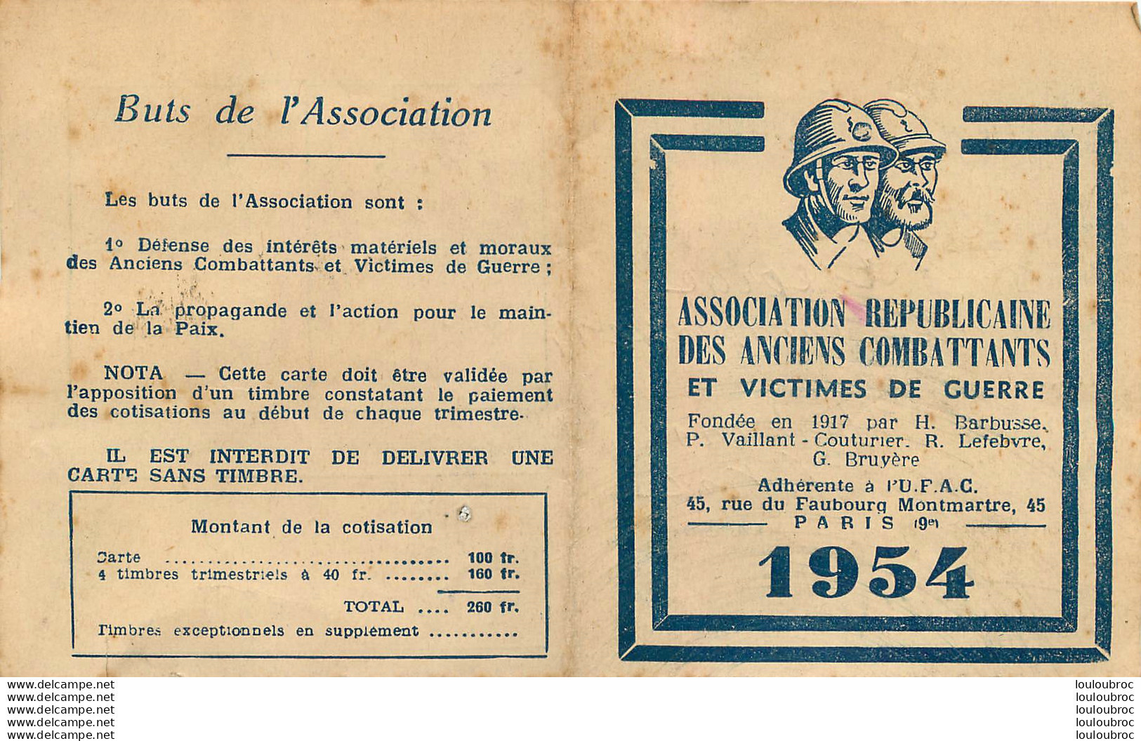 ASSOCIATION REPUBLICAINE DES ANCIENS COMBATTANTS ET VICTIME DE GUERRE CARTE DE MEMBRE 1954 DEFER GEORGES - Historical Documents