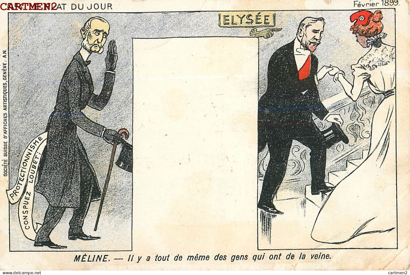 CARICATURE POLITIQUE ELYSEE 1899 SOCIETE SUISSE D'AFFICHES ARTISTIQUES GENEVE MELINE LOUBET PRESIDENT - Satiriques