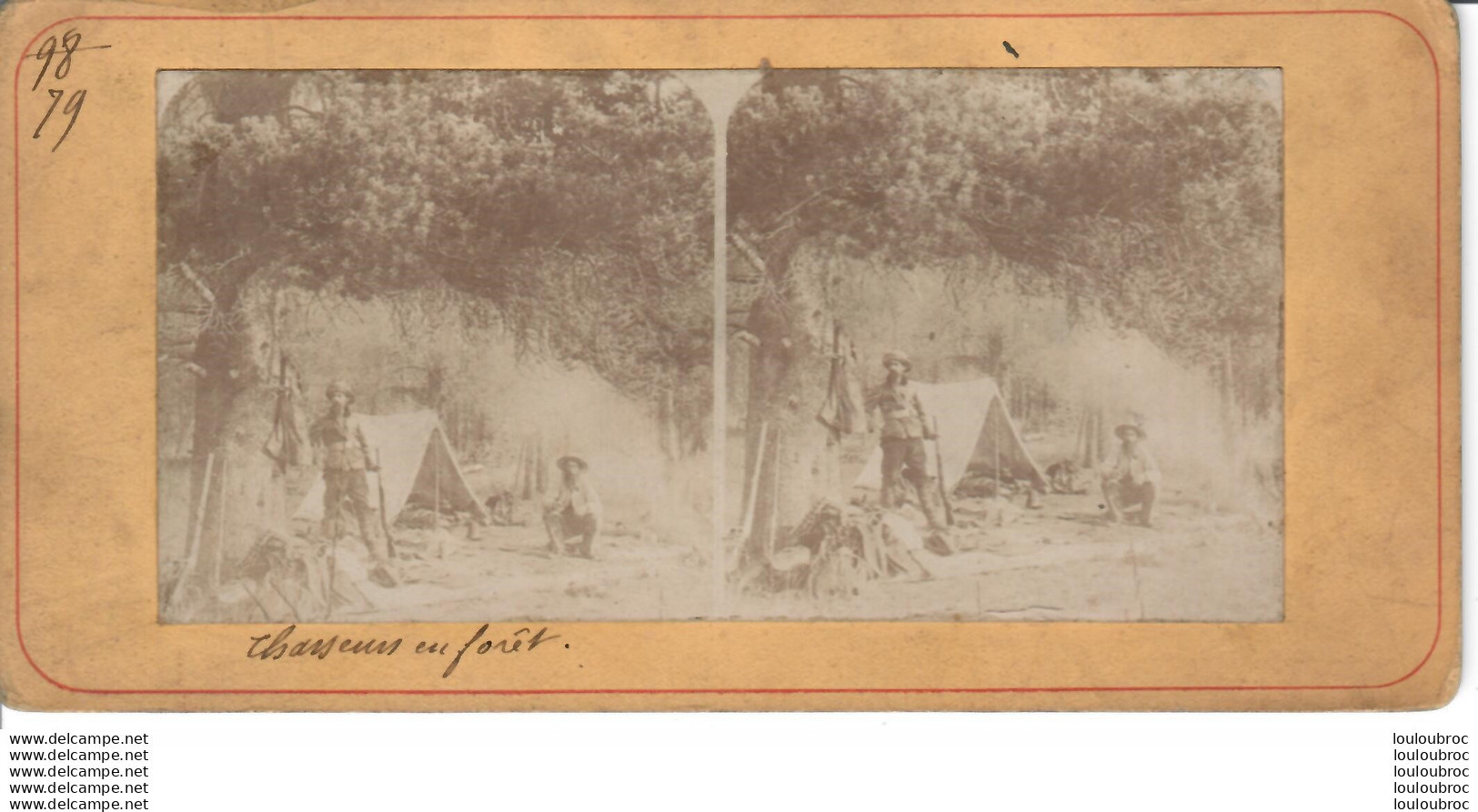 PHOTO STEREOSCOPIQUE CHASSEURS EN FORET 1898 - Stereoscopic