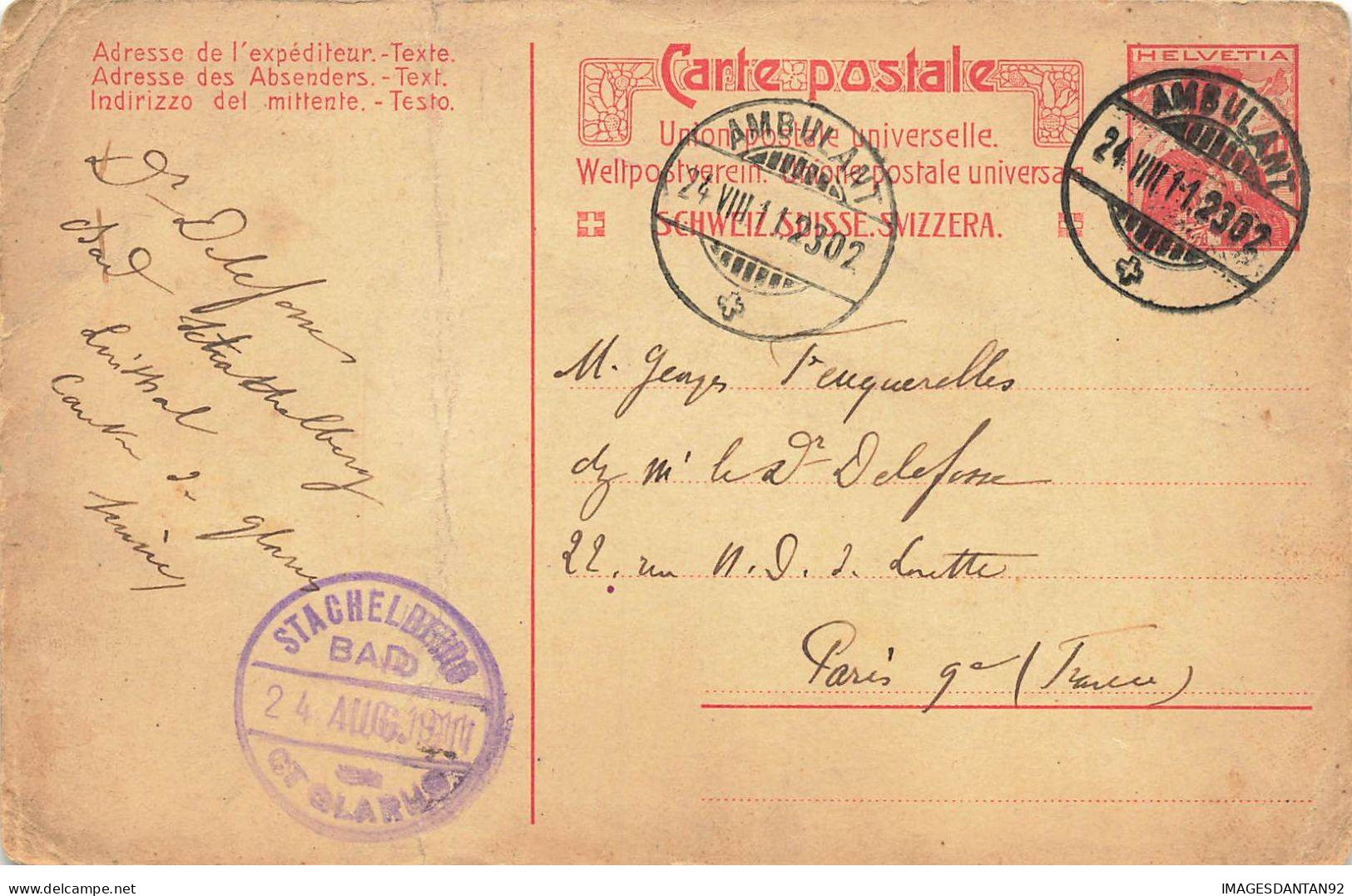 ENTIER #FG55451 SUISSE BAD STACHELBERG AMBULANT 1911 - Postwaardestukken