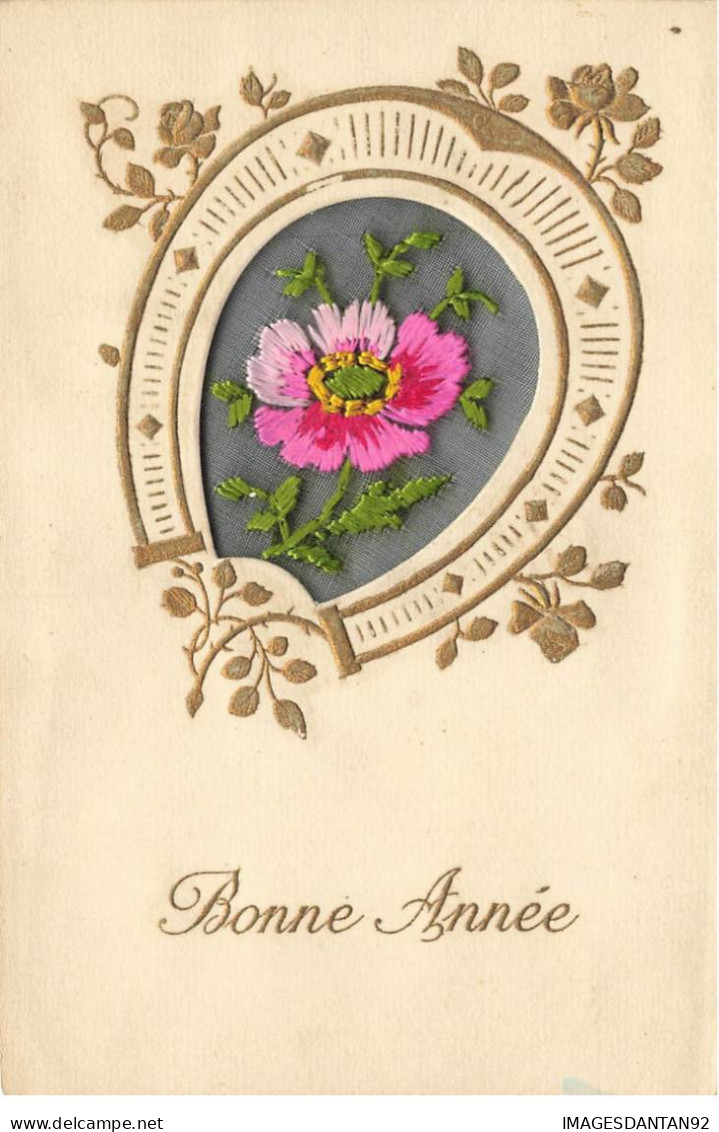 CARTE BRODEE SOIE SILK #FG55207 VOEUX BONNE ANNEE ROSE FLEUR DORURE - Embroidered
