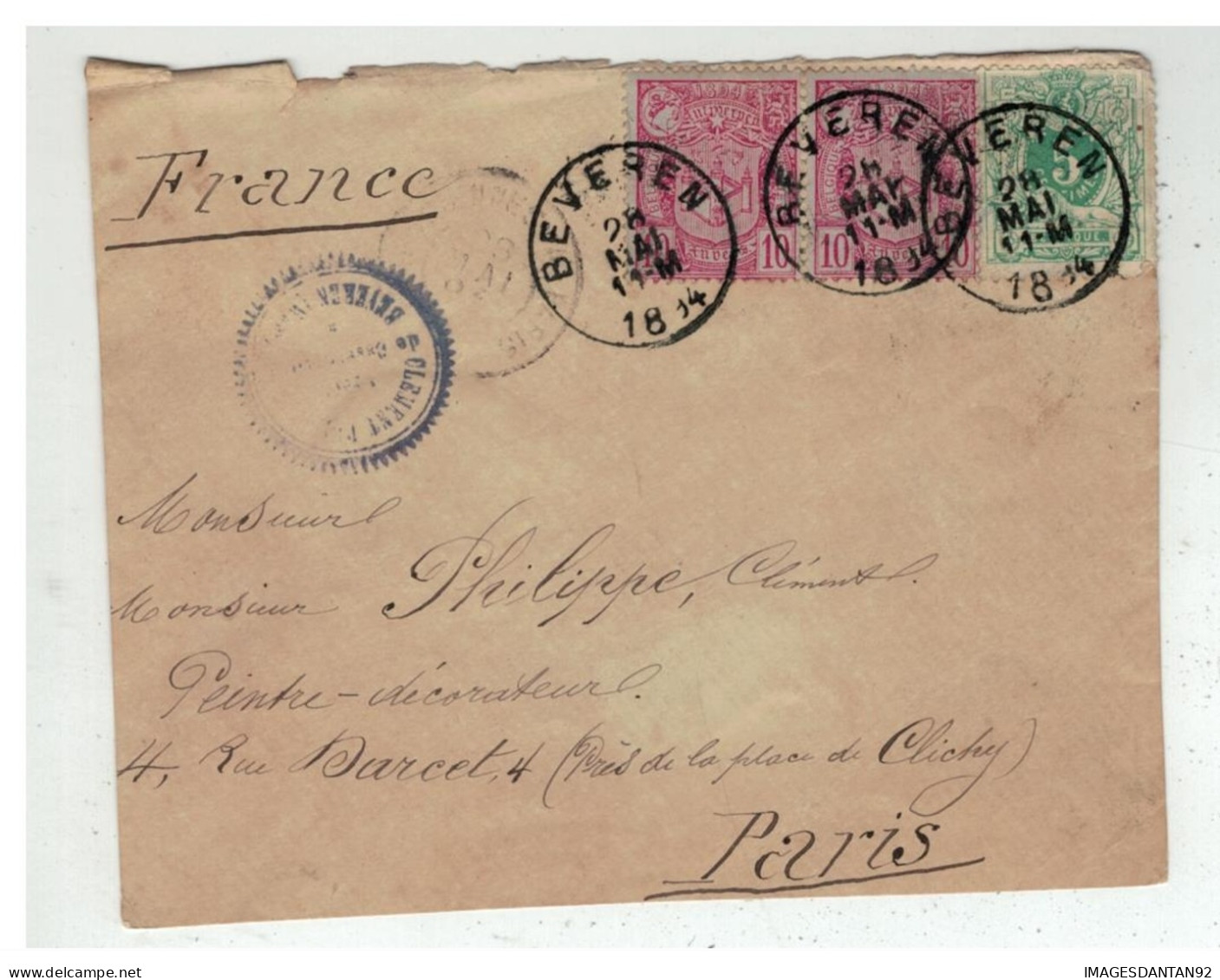 BELGIQUE : AFFRANCHISSEMENT à 25 Cts . " BEVEREN " . POUR LA FRANCE . 1894 - 1893-1907 Coat Of Arms
