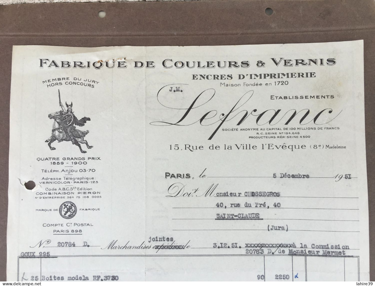 Facture / Couleurs / Vernis / Encres D'imprimerie / Ets Lefranc / Paris / 1951 - 1950 - ...