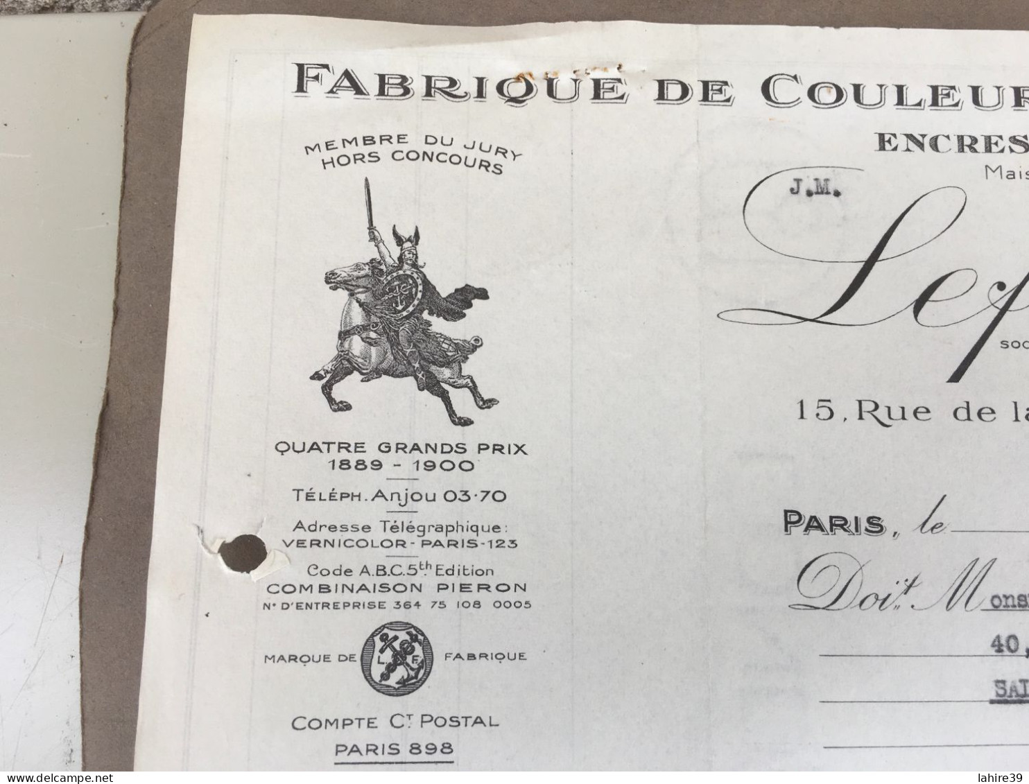 Facture / Couleurs / Vernis / Encres D'imprimerie / Ets Lefranc / Paris / 1951 - 1950 - ...