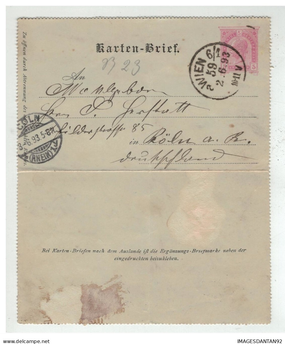 Autriche AUSTRIA Entier WIEN POUR COLN ALLEMAGNE 1893 - Other & Unclassified