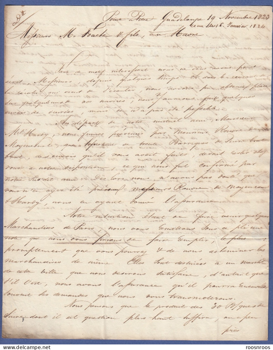 2 COURRIERS - 1823-1824  - POINTE A PITRE GUADELOUPE - EXPEDITION DE BARRIQUES DE SUCRE AU HAVRE - FILIGRANE LOUIS 18