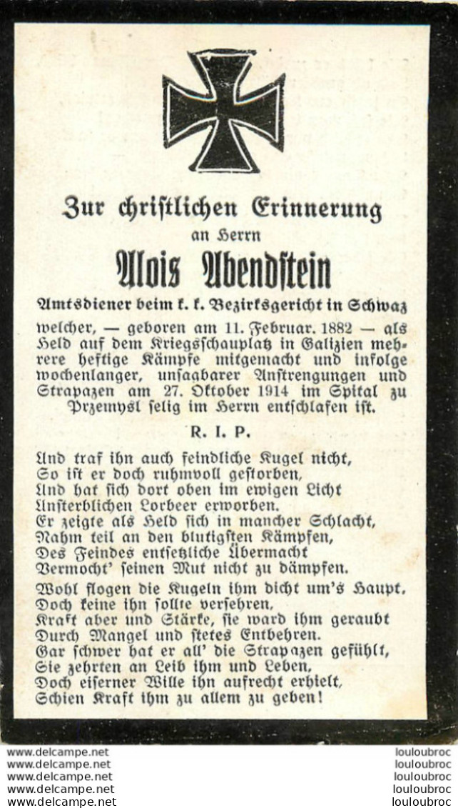 MEMENTO ALOIS ABENDSTEIN   SOLDAT ALLEMAND MORT LE  27/10/1914 - Obituary Notices