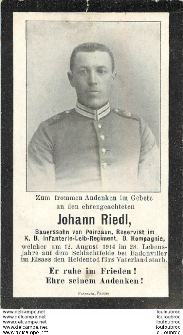 MEMENTO JOHANN RIEDL    SOLDAT ALLEMAND MORT LE 12/08/1914 - Overlijden