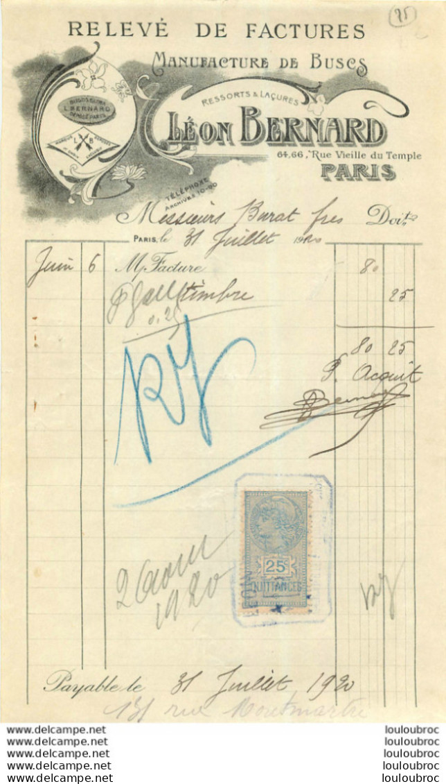 FACTURE LEON BERNARD MANUFACTURE DE BUSES  PARIS  1920 - 1900 – 1949