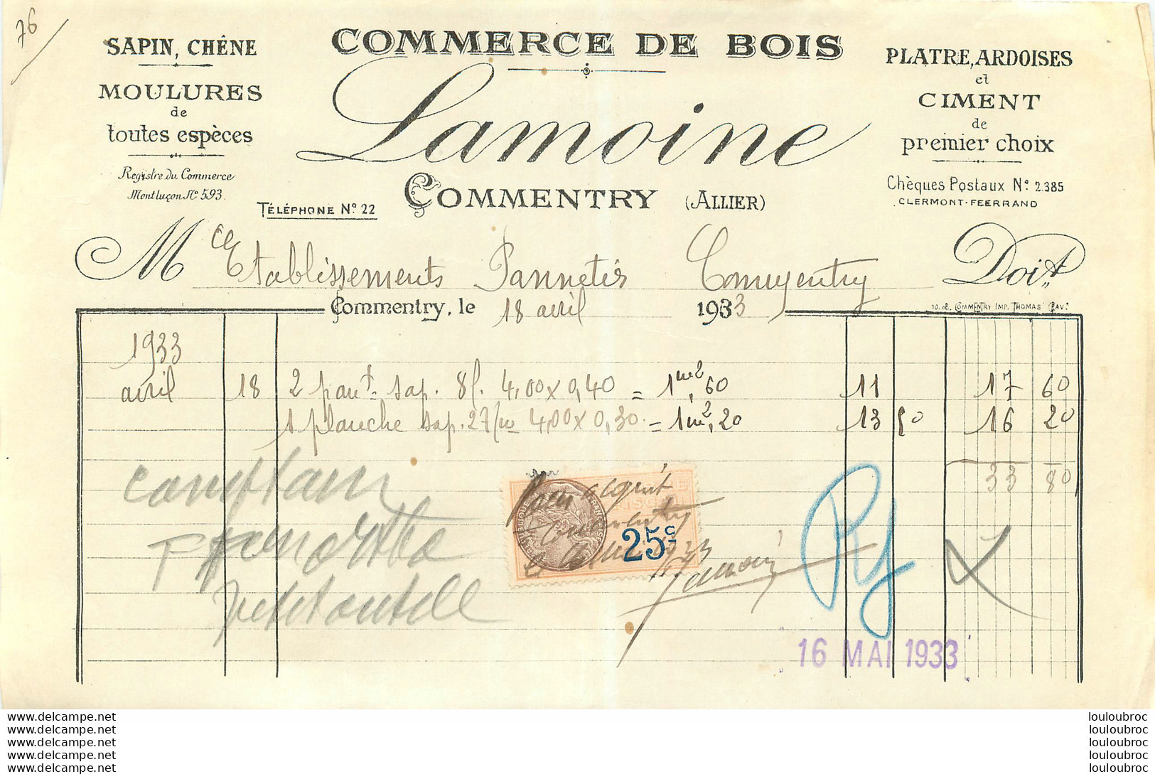 FACTURE STE LAMOINE COMMERCE DE BOIS A COMMENTRY  1933 - 1900 – 1949